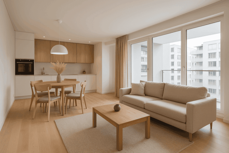 Salón moderno y luminoso de un piso en Murcia centro con mobiliario minimalista.